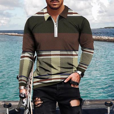 Polo Shirts Men Long Sleeve Fashion Green Wave Print New Men's Polo Shirt Long Sleeve Zipper T-shirt Top