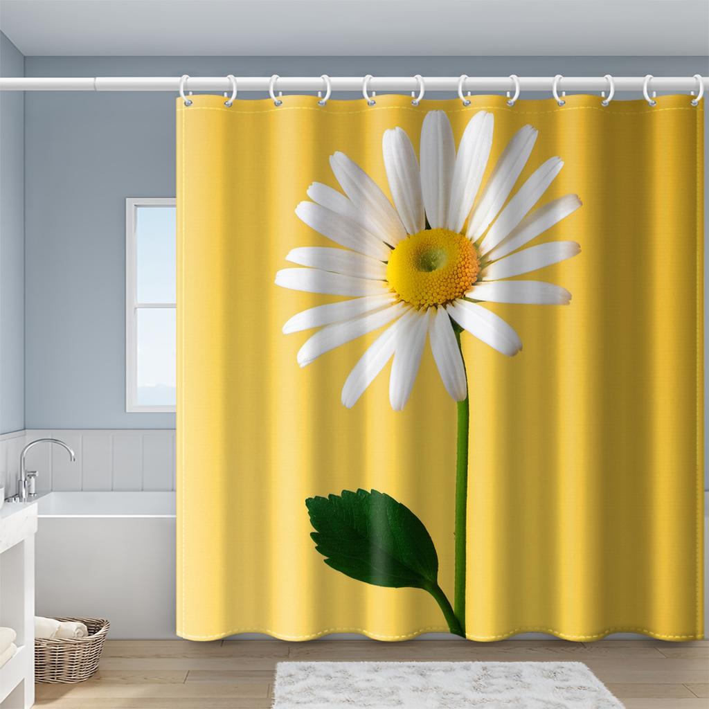 1pc Daisy Print Polyester Shower Curtain, 71x71 Inches, Yellow Background with White Daisies & Green Leaves, All-Season Bathroom