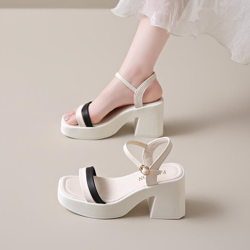 Summer new square head hollow one-character buckle style women's thick high-heeled sandals