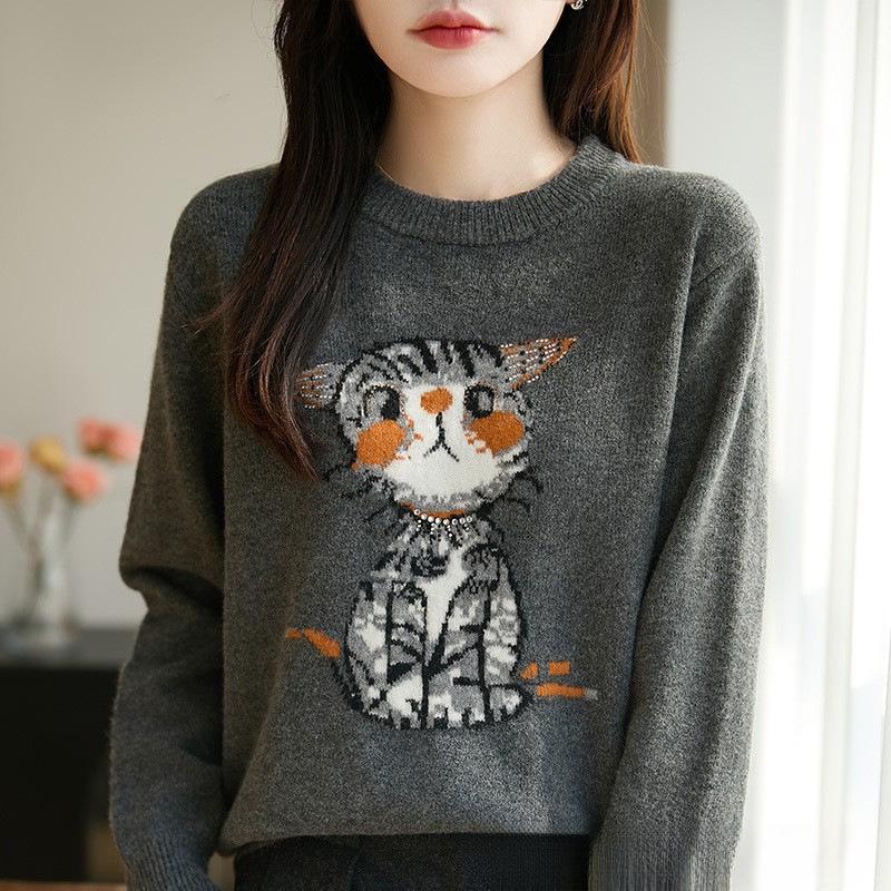 Women's Cute Cat Jacquard Sweater – Autumn/Winter, Round Neck, Loose Fit, Slimming, Age-Defying Knit Top