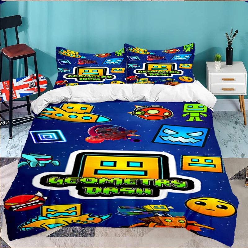 Set Biancheria da Letto 3 Pezzi Personaggi Colorati Geometry Dash, Ideale per 1 Copripiumino e 2 Federe Perfetto per Regalo Fan, Ideale per Camera da Letto, Dormitorio