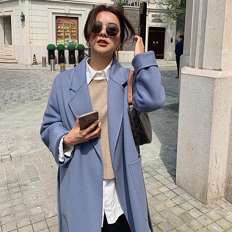 

Женское двустороннее шерстяное пальто с поясом и маленьким пиджачным воротником M