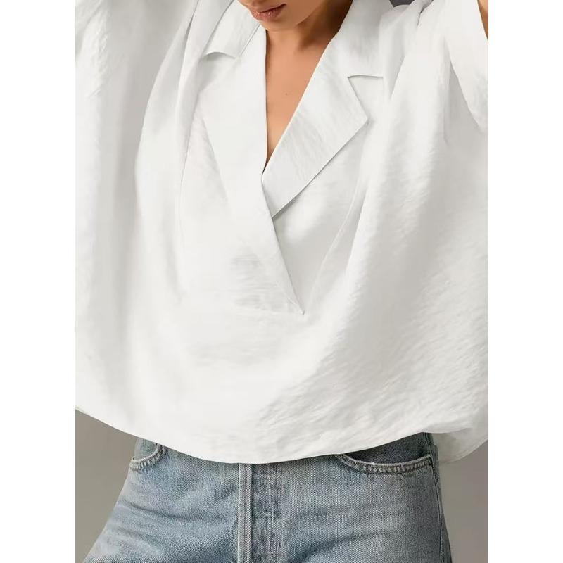 Women Lapel V Neck Batwing Sleeve Loose Shirt Casual Solid Blouse
