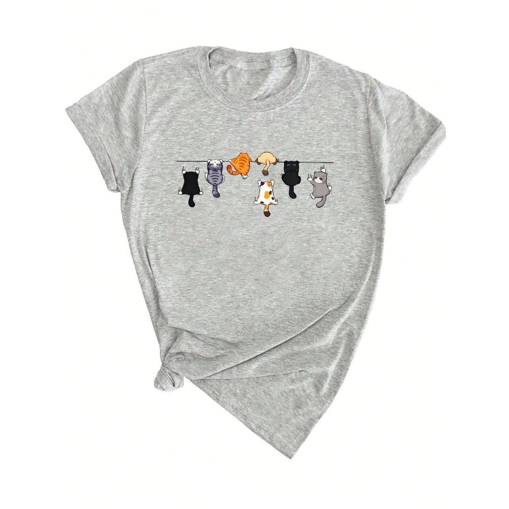Women's Cute Cat Print Round Neck Short Sleeve Casual T-Shirt White Short Sleeve with Unique Cat Print Clothing Tee Female Tops