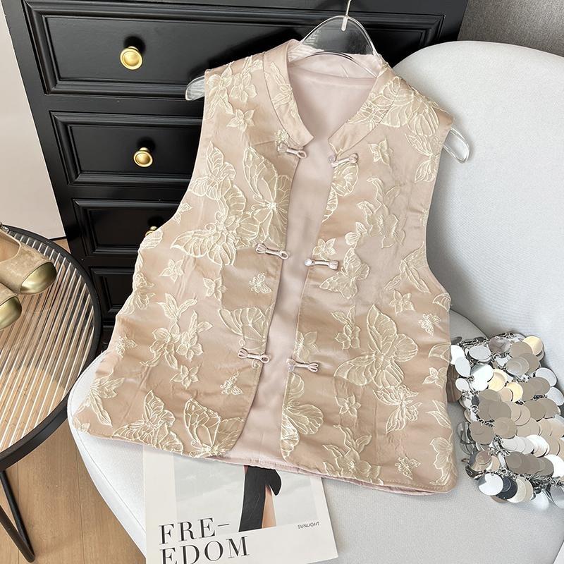 Temperament high-end vest butterfly wind early spring women's embroidery stand-up collar jacquard disc buckle sleeveless