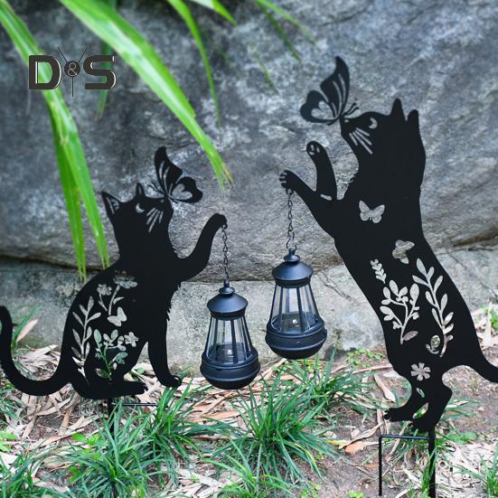 2 Pcs Metal Cat Solar Lights Outdoor Black Cat And Butterfly Yard Sign Waterproof Cat Silhouette Stake Lawn Light for Garden Patio