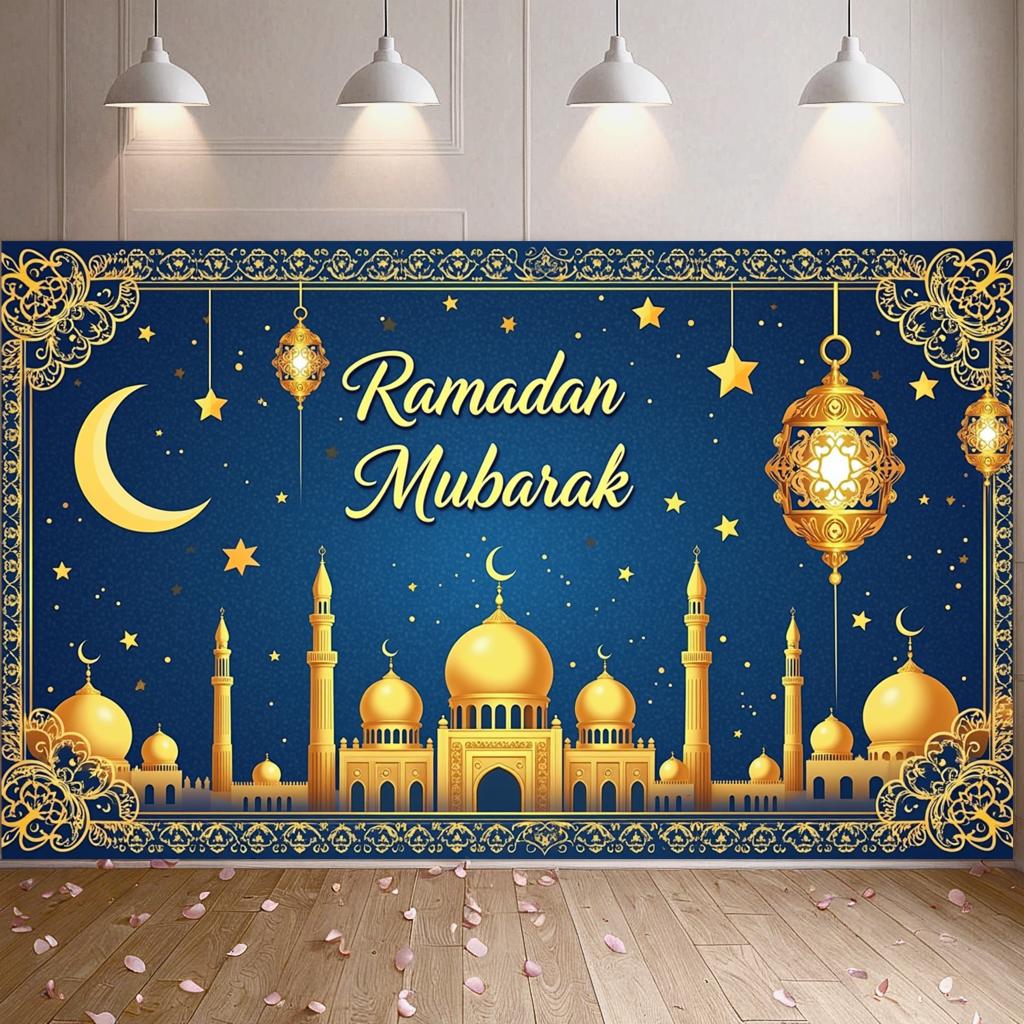 Crescent Moon Banner Blue Background Ramadan Mubarak Banner Ramadan Party Polyester Material Islamic Decoration For Holiday