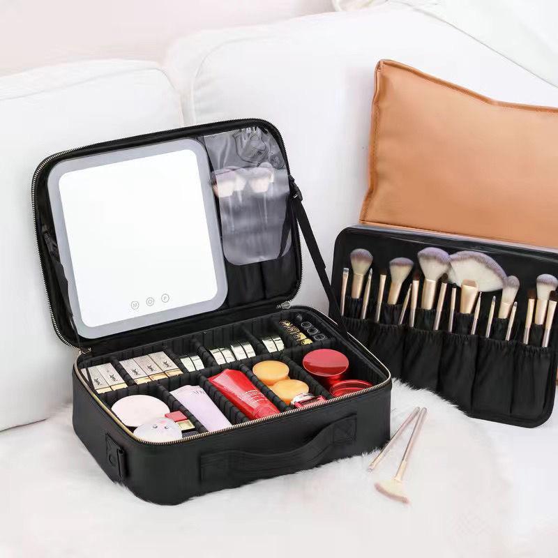 New Smart LED Lights Makeup Case For Women With Mirror Professional Large Capacity Waterproof PU Leather Travel Cosmetic Bags