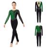 Tuta da Esibizione per Ragazze Design Color Block Patchwork in Rete Manica Lunga Foro sulla Schiena Strass Abbigliamento da Danza