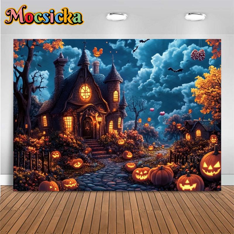 Mocsicka Halloween Photo Background Shooting Props Night Terror Castle Tree Bat Jack-O-Lanterns Party Decor Photography Backdrop