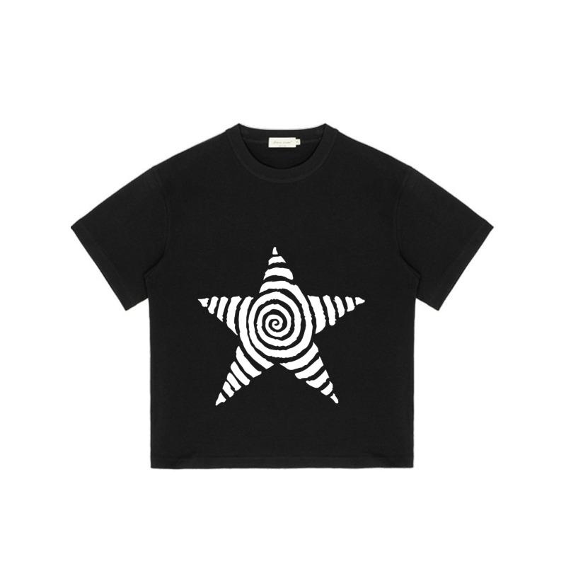 Black T-Shirt with White Spiral Star Print for Casual Wear