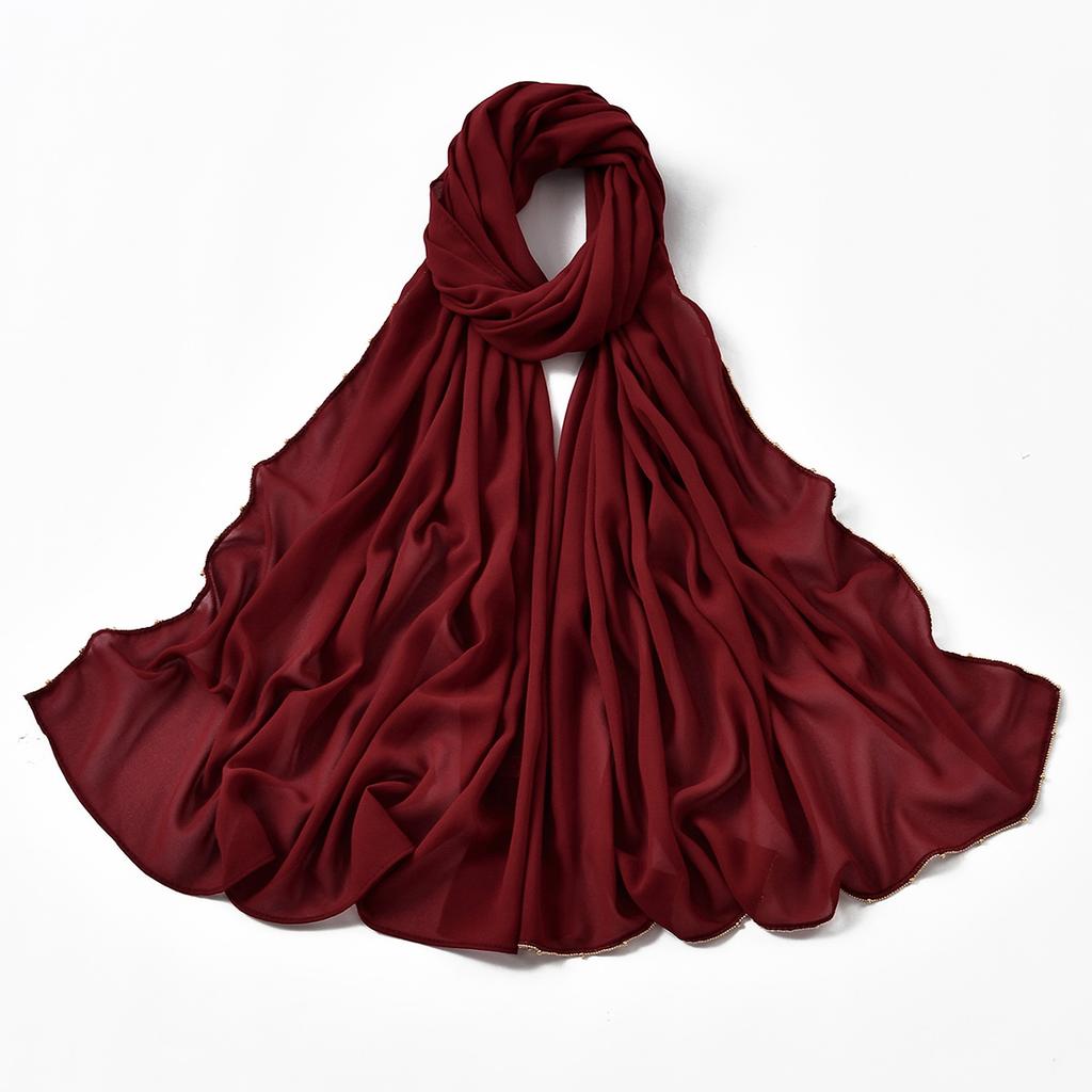 Muslim Chiffon Hijab Women Glitter Chain Edge Premium Chiffon Scarf Solid Color Plain Shawl Unique Edge Design Headscarf Wraps