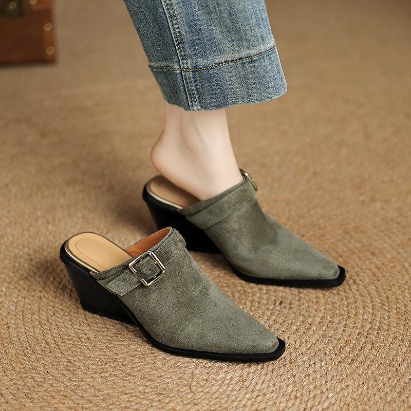 Fashion 2025 New Brand Sandal Retro Ladies Sheep Suede Fashion Chunky Heels Summer Wedges Mules Slippers Women Casual Office Shoes Woman