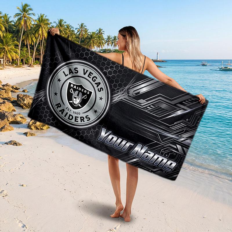 Las Vegas Raiders Customized Name Text Beach Towel, Soft Absorbent Towel Beach Pool Travel Personal Gift
