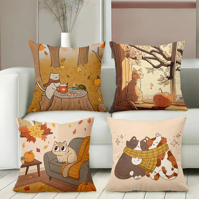 Autumn Cat Pattern Decorative Throw Pillow Cover 2D Printed Polyester Sofa Cushion Case for Home Living Room Decor