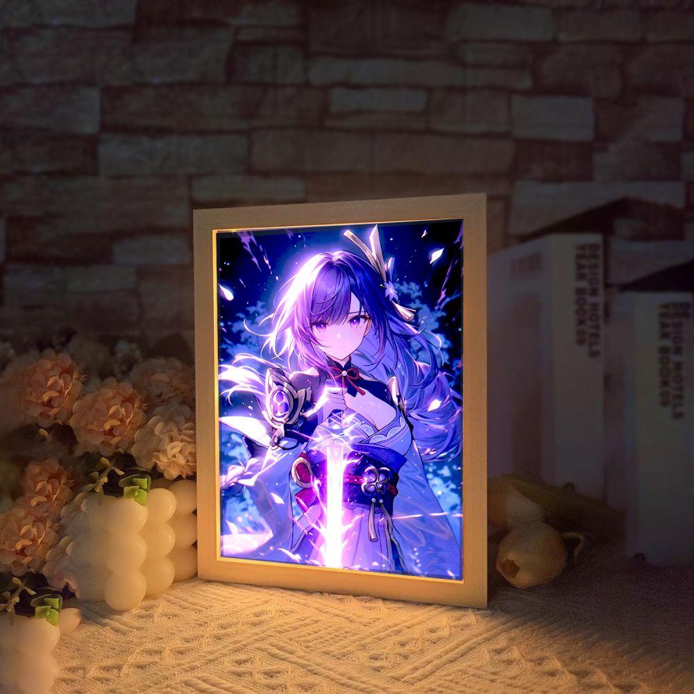 Anime Figure Genshin Impact Light Painting Photo Frame  Raiden Shogun Action Led Night Light Room Decor Christmas Gift Moon Lamp