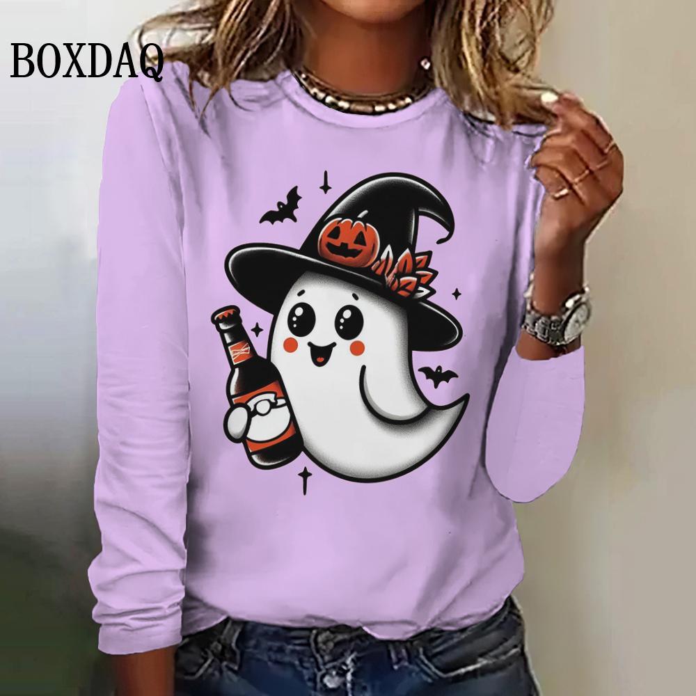 Cute Cartoon Women's Long Sleeved T-Shirts Halloween Ghost Round-Neck Loose Clothing Fashions Festival Casual Ladies Shirts Tops