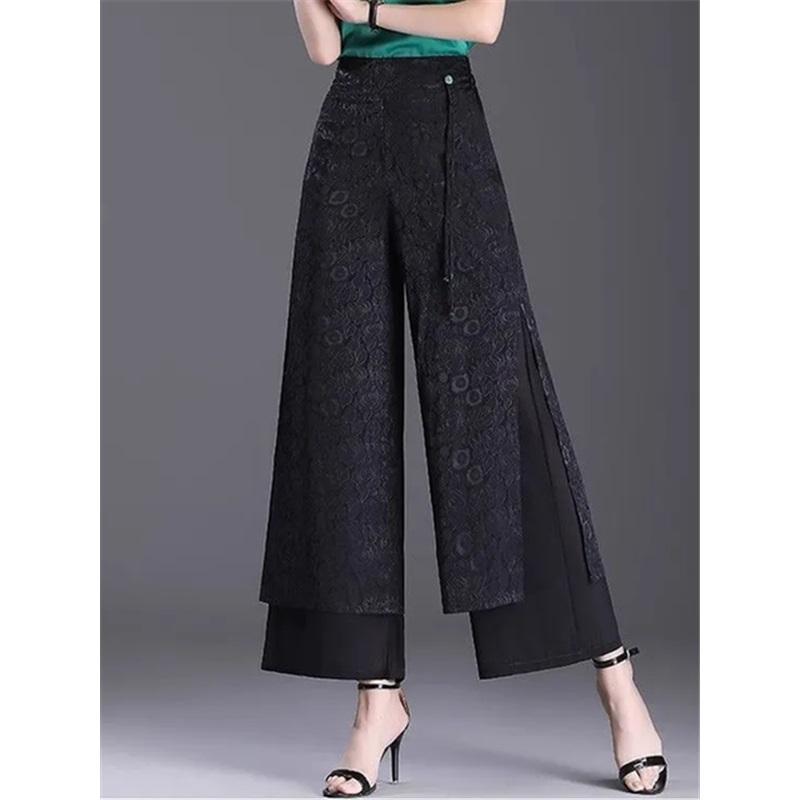

Расщепленные жаккардовые брюки с широкими штанинами, женские повседневные мешковатые прямые брюки с высокой талией, весна-осень, свободные, длиной до щиколотки, Calca, новые L чёрный