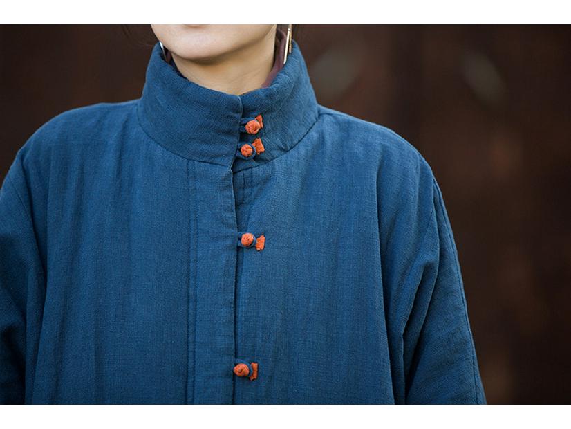 Women's Retro Chinese Style Cotton Linen Jacket with Plate Buckle - Sand Washed, Loose Fit, Padded Warmth