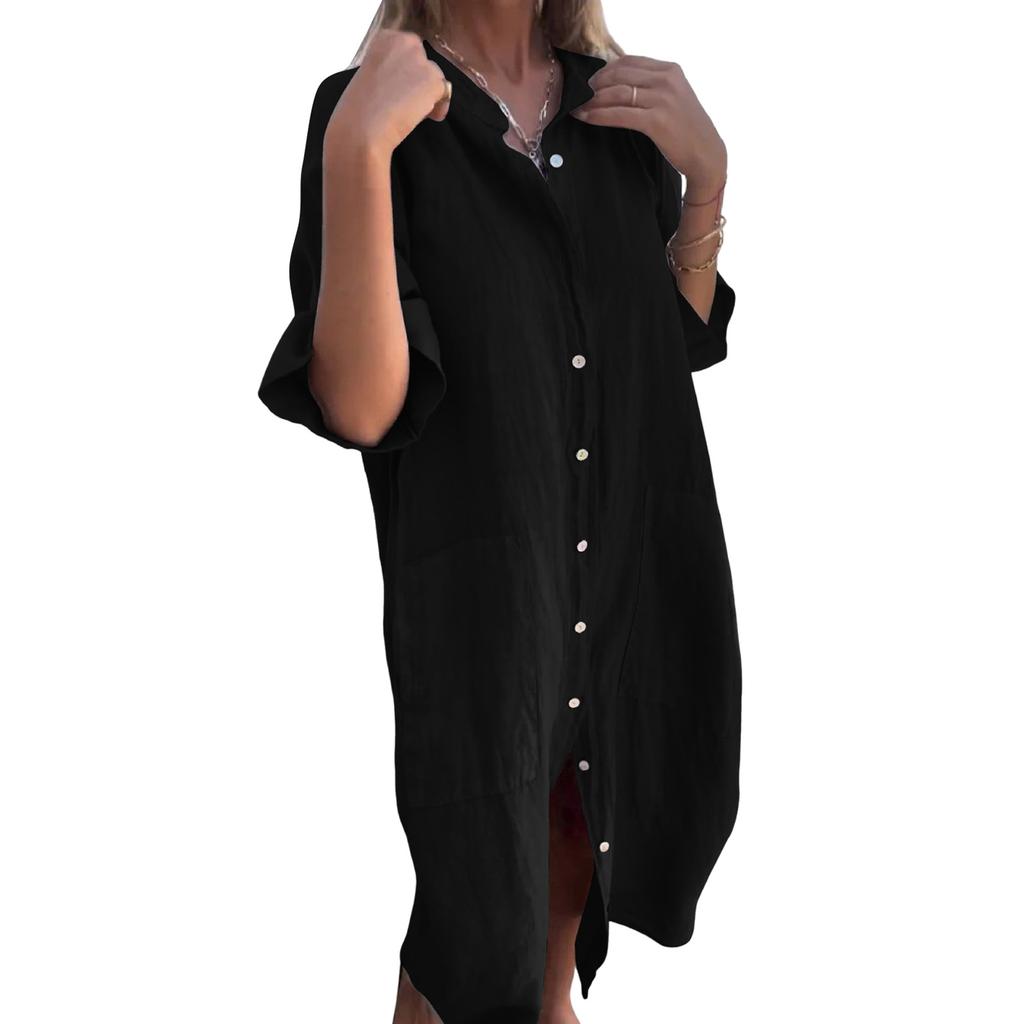 Women's Fashion Casual Button Cardigan Cotton And Linen Color Dress With Pockets