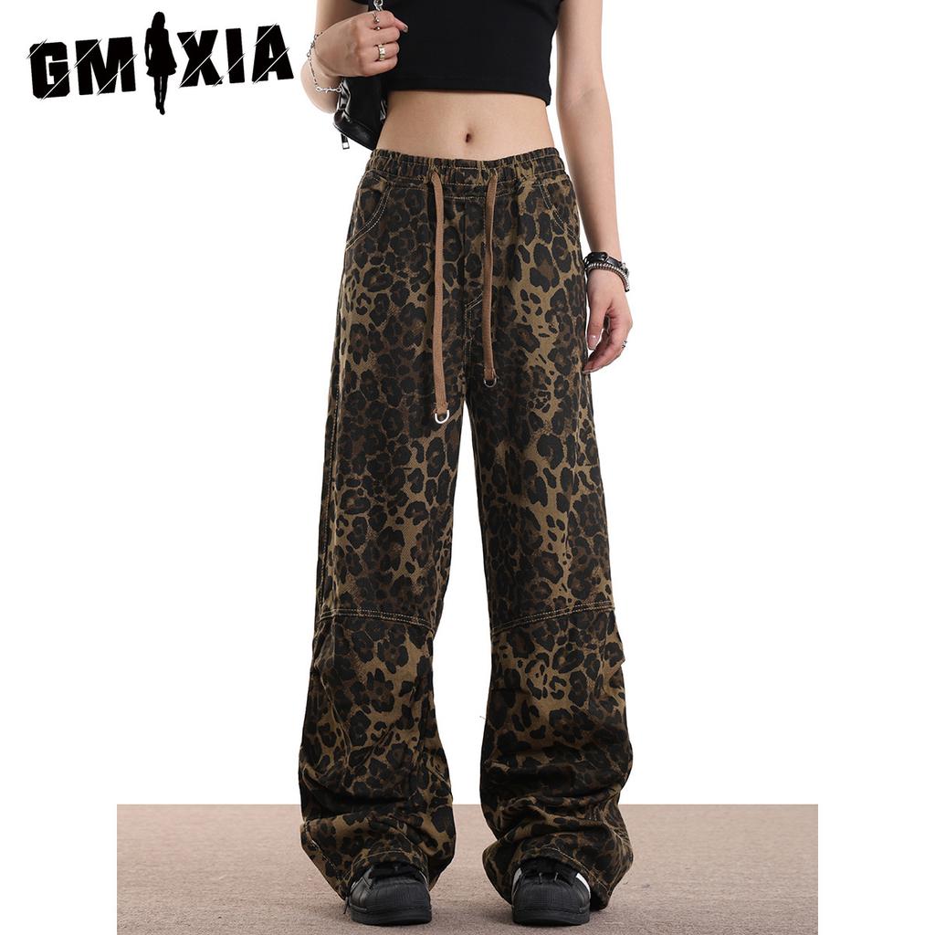 GMXIA Leopard Print Pants Spring Straight Hip Hop Hop Cargo Casual Pants