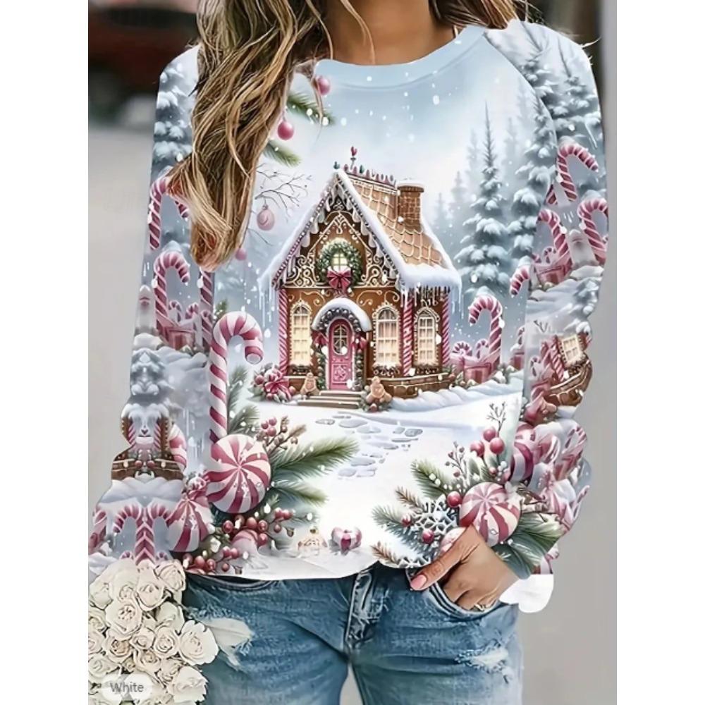 Tops for Women Christmas pattern Round Neck Long Sleeve T-shirt Fall Casual Slim Pullover Women's Long Sleeve Top