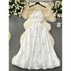 Sexy Cutout Backless Dress Women's French Style Halter Spaghetti Straps Fairy Dress Sweet Mori Embroider Flower Vacation Skirt