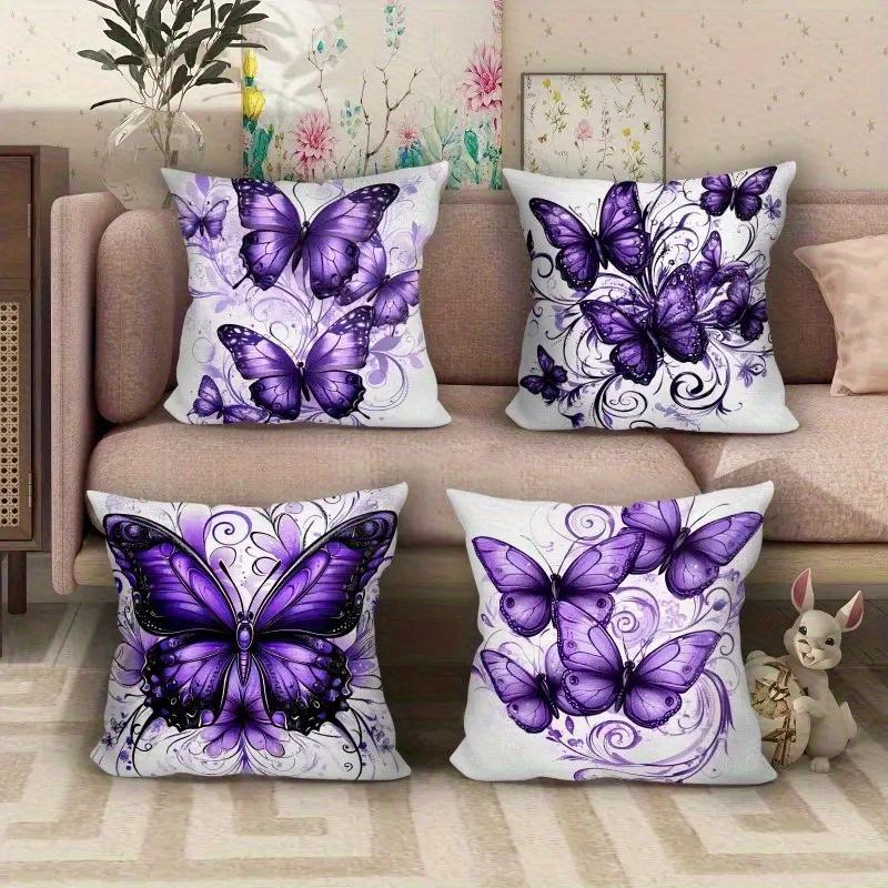 4Pcs Purple Butterfly Pattern Digital Printing Pillow Cover Short Plush Suitable Living Rooms Bedrooms Sofas Throw Cushion Cover