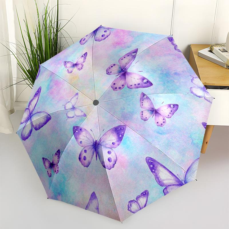Purple Butterfly Pattern New Umbrella, 1pc Automatic Folding Travel Umbrella, Portable Foldable Design for Men and Women, Hall