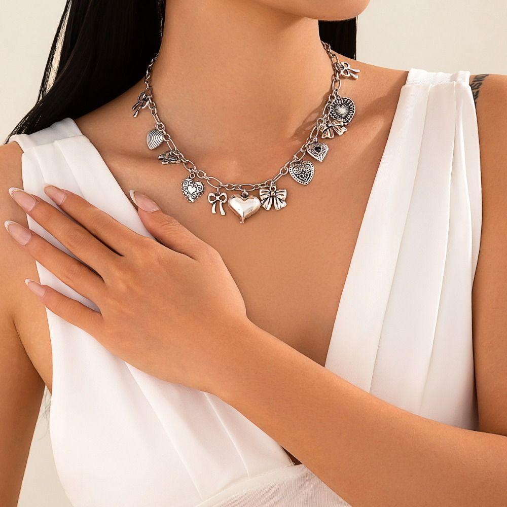 Bowknot Metal Necklace Y2k Sweet Choker Fashion Heart Pendant Necklace Gift