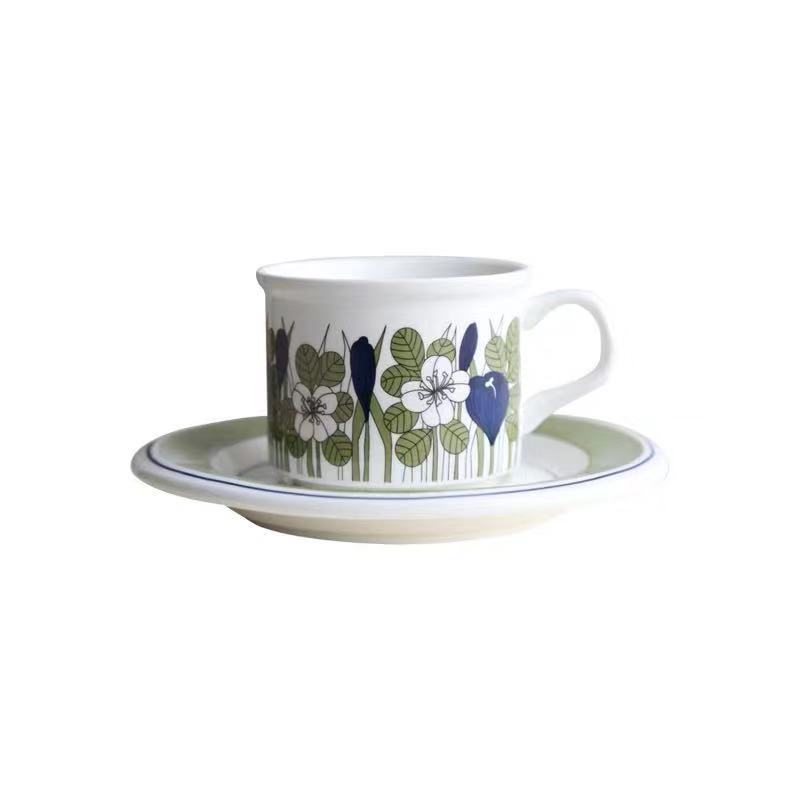 Medieval Flower Vanilla Ceramic Coffee Cup and Saucer Handle Retro Imitation Enamel Mugs Office Home Funny Water Drinkware