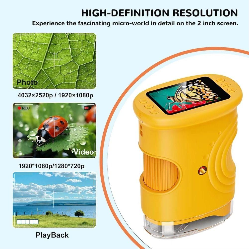 Portable Pocket Microscope 2 Inch IPS Screen Mini Microscope Handheld Magnifying Glass for Kids