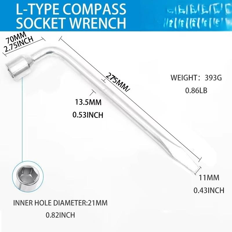Car Spare Tire Lug Wrench - L type Hexagonal Head 17/19/21/24mm Slotted End Socket Repair Tool, Standard Tire Wrench