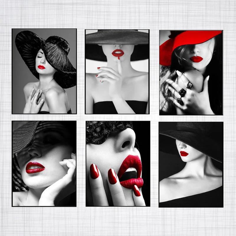 Modern Black and White Sexy Smoking Women with Red Lip Hat Print Art Canvas Poster for Living Room Decoration Home Wall Decor