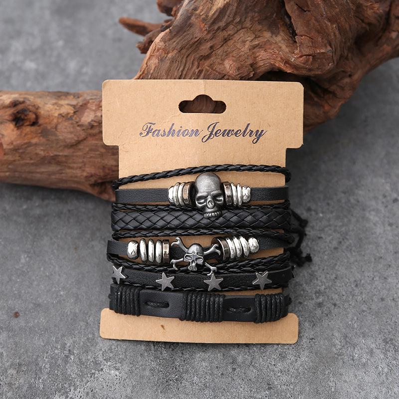 Retro Handmade Multi-Layer Skull Leather Bracelet Set - 5 Pieces