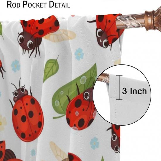 Niedliche Cartoon Tier Marienkäfer Vorhänge, Abstrakt Moderne Kunst Frühling Wald Grün Blatt Marienkäfer Fenster Vorhänge Wärmeisolierend Stangentasche Verdunkelung