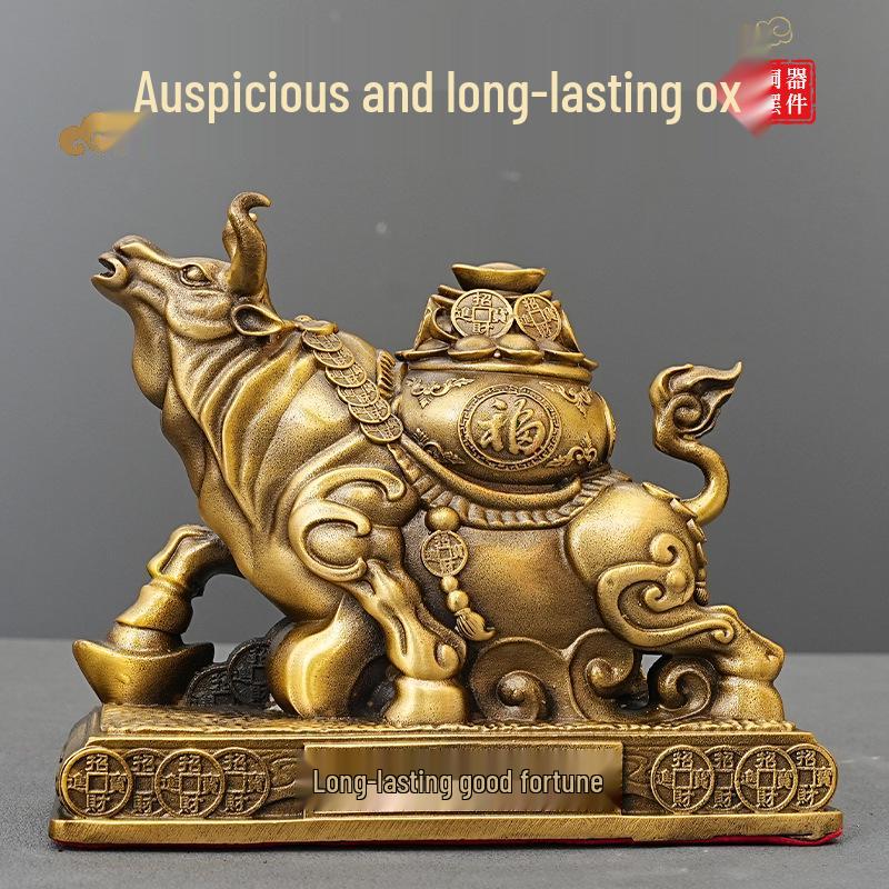 Bronze Bull Figurine - Auspicious Wealth-Attracting Desk Decoration for Home or Office.