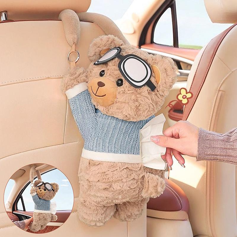 Cute Short Plush Eyeglass Bear Car Tissue Box Tissue Box Garbage Can 2-In-1 Creative Car Armrest Box Cardboard Box Car Interior