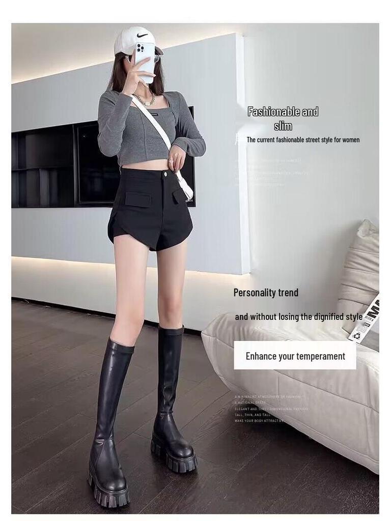 Black High Waist Elastic Women’s Shorts - Slim Fit, Wide-Leg, Casual Large Size Bootcut