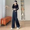 Dark Blue Fleece-Lined High-Waisted Wide-Leg Jeans for Women - Autumn/Winter Versatile Slimming Straight Pants