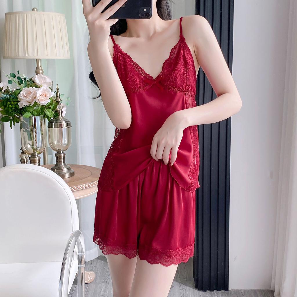 Ice and snow silk sexy suspender pajamas women's pure desire wind loungewear set chest pad suspender shorts exquisite pajamas gather