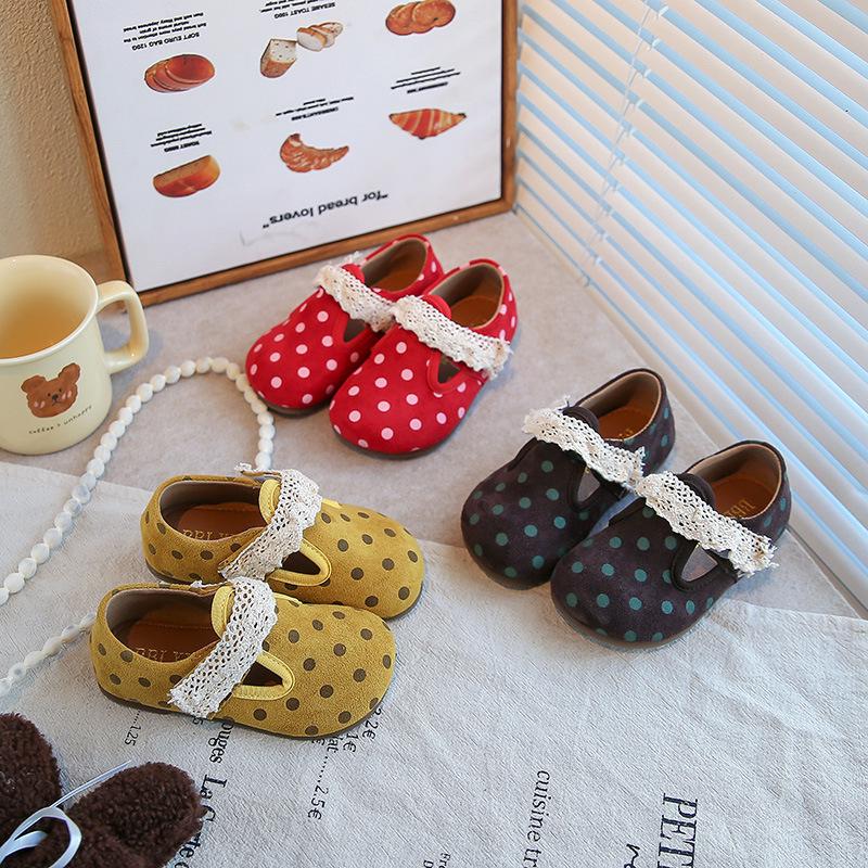 Sweet Mary Jane Polka Dot Leather Shoes - Girls' 2026 Spring/Autumn Lace-Trim Princess Loafers, Korean Style