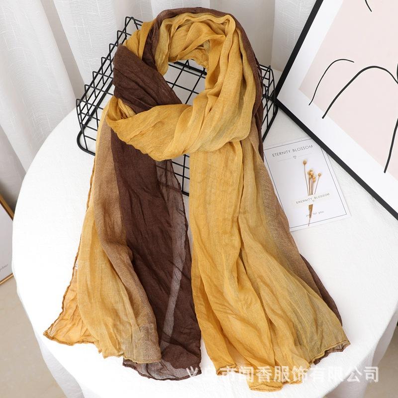 Contrast Color Cotton And Linen Wrinkled Scarf Female Literary And Artistic Fan Atmosphere Warm Silk Scarf Retro Gradual Change Color Scarf Shawl