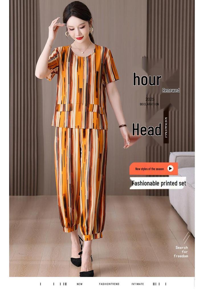 Mother's Summer Two-piece Cotton Silk Pajama Set - Short Sleeve for Women, Wear Indoors or Outside