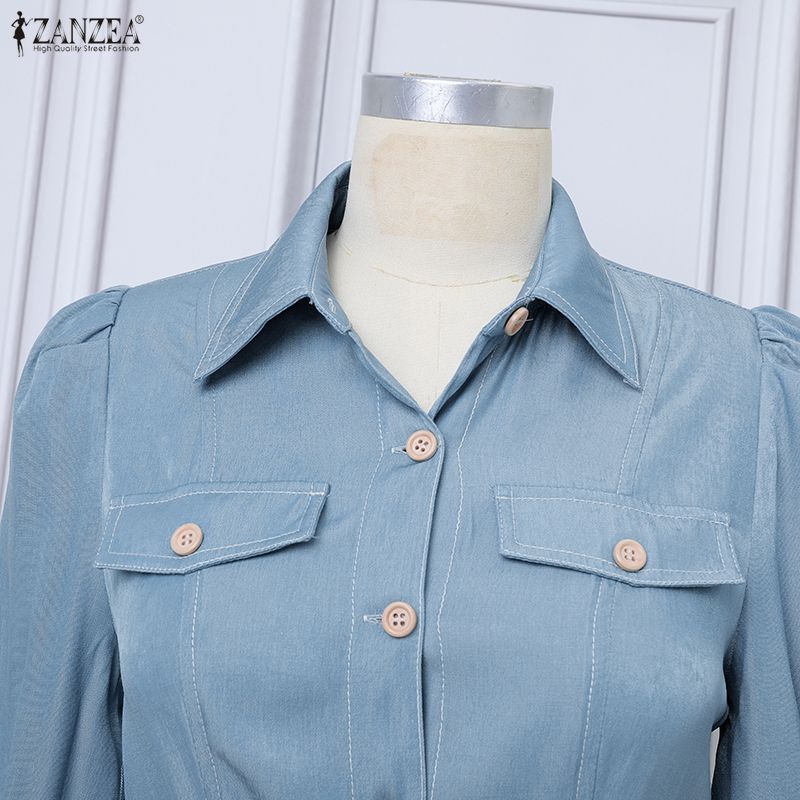 ZANZEA Lässiges Damen-Kleid mit Umlegekragen und langen Ärmeln