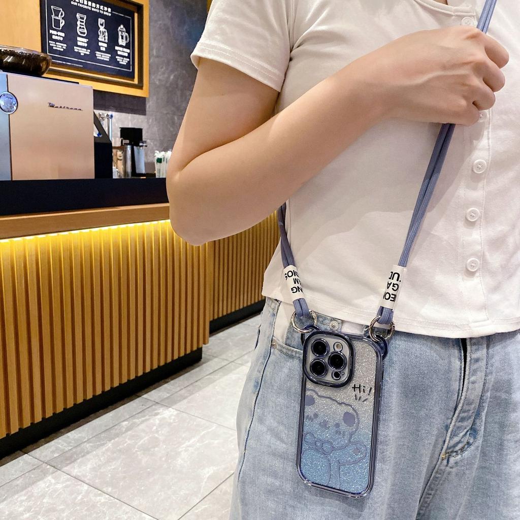 Crossbody Compatible iPhone 14 Case Apple 15 Cute Bear Electroplated Glitter 16 Full Coverage 13 Lanyard Phone Case
