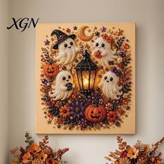 Handgemachtes Geschenk für Bastelfreunde 2 Stück Halloween Kunst mit Kunstperlen, Geisterkürbis Hexe Krähe Malerei DIY Funkelndes Perlen-Set Kit, 3D Totenkopf
