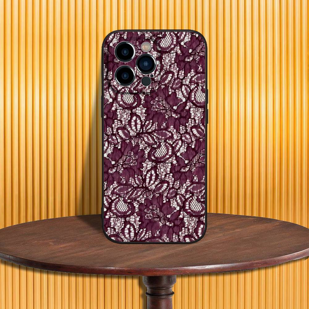 Lace Print Pattern Phone Case For iPhone 17,16,15,14,13,12,11,Pro,Max,Plus,X,XS,SE4,E,Mini,Soft Black Case