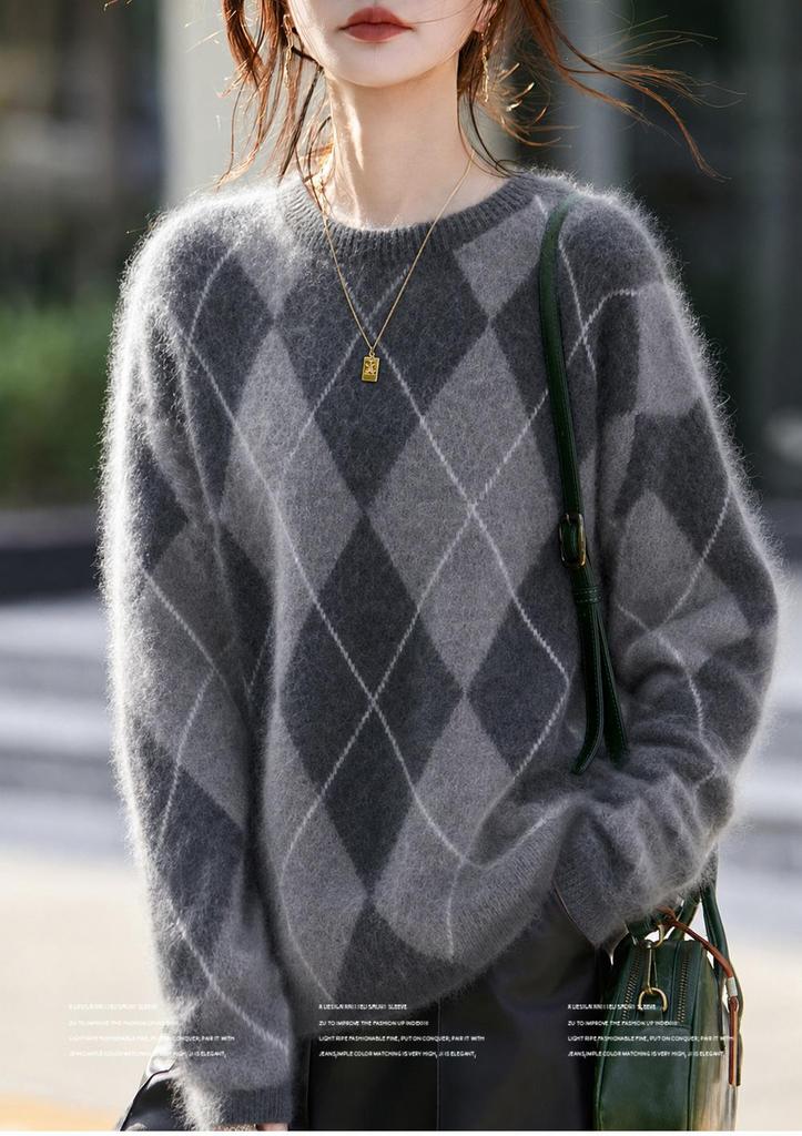 Maglione da donna di alta gamma in lana cashmere con patchwork a rombi - Girocollo, Manica lunga, Autunno/Inverno