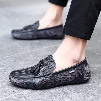 Tassel Loafers Men Genuine Leather Flat Casual Shoes Slip -On Drive Shoes Sandals Black Soft Outdoor Moccasins Crocodile Pattern